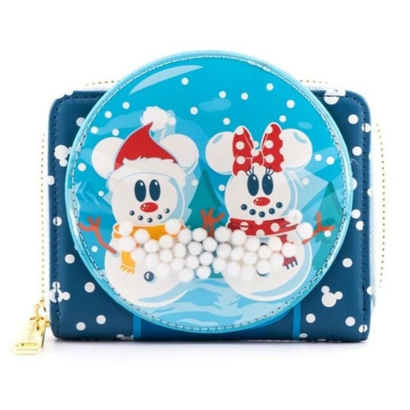 Loungefly Disney Snowman Mickey Minnie Mouse Snow Globe Zip Around Wallet Wrap - Picture 1 of 4
